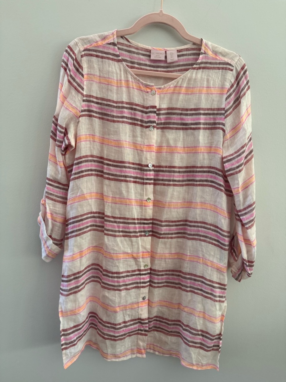 St. Tropez Striped Linen Top in Pink, Peach & Cream